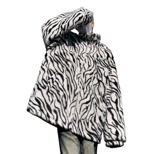 HZCX FASHION Mens Trendy Zebra Faux Fur Jacket Thicken Warm Winter